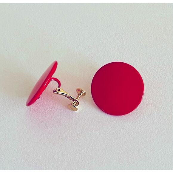 Vtg Red MCM Circle Round Earrings Screw-back Clip-on Geometric Retro Disc - Picture 8 of 11